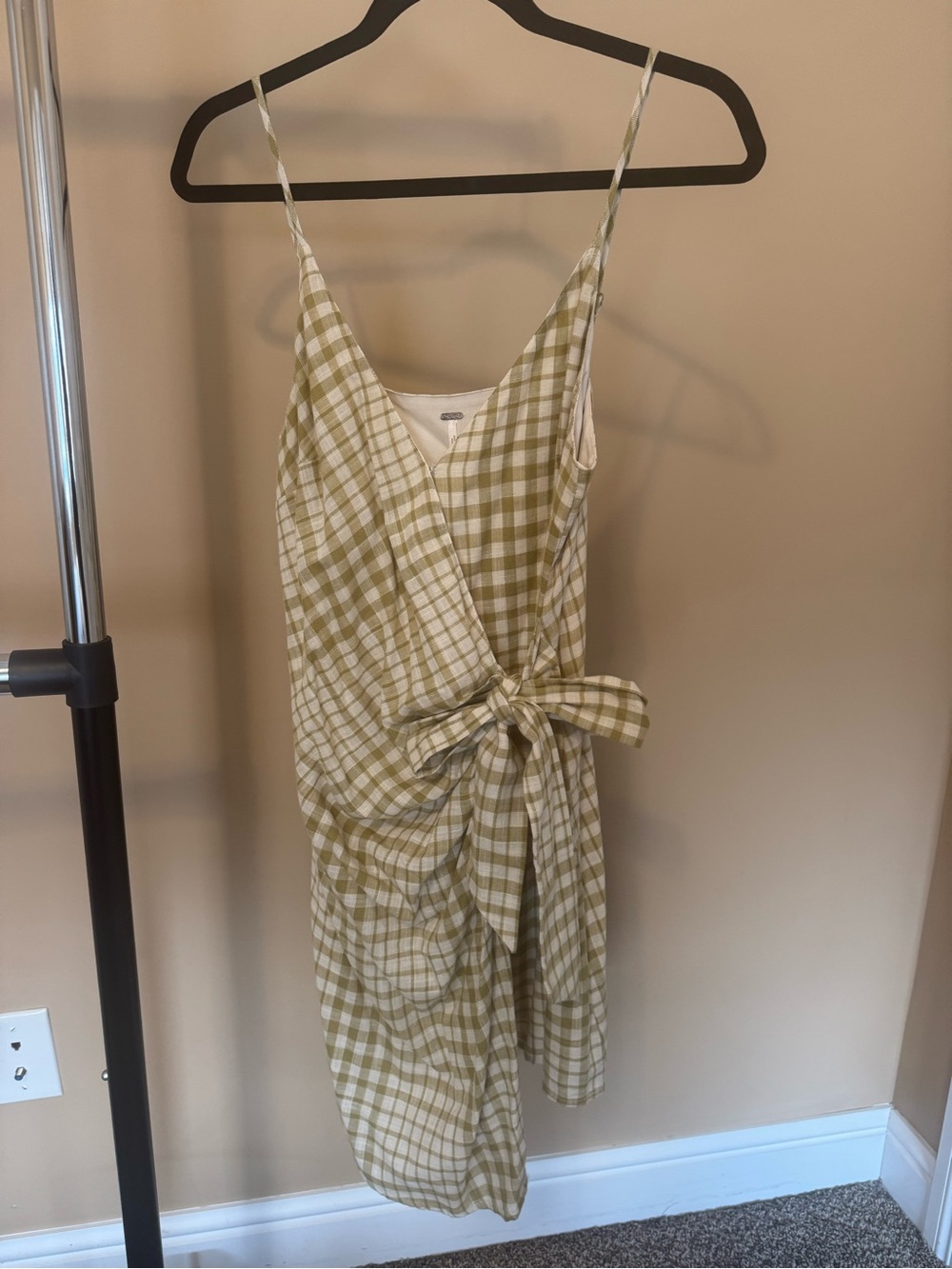 Free People Olive Gingham Wrap Mini Dress